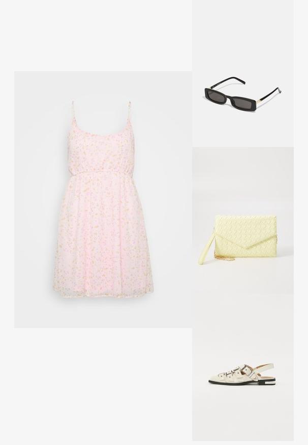 Roza cvetna obleka s tankimi naramnicami, nabrano pasom in lahkotnim krilom, ki vsebuje majhne modele rumenih in rozastih cvetov.; Sandal v slogu z odprtim peto v beli usnjeni obvali z več širokimi trakovi in srebrnimi zaponkami; ravni podplat z majhno črno peto in kovinskimi detajli.; Črne pravokotne sončne očala s temnimi lečami, sijajnim plastičnim okvirjem in zlatimi poudarki na ušesnih delu. Minimalistična zasnova in eleganten oblik.; Rumena pletena torbica za ključe z zapiralom, odstranljivim zapestnim trakom in zlatim verižnim poudarkom. Gladka tekstura in pravokotna oblika.; Zlate uhane v obliki obročkov z gladko, sijočo površino. Krožna zasnova s majhnim nosilcem in prozornim podplatom za varno nošenje.