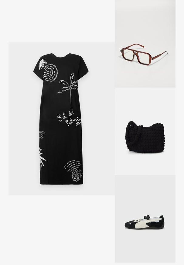Czarna bawełniana sukienka z krótkimi rękawami, z białymi ilustracjami palm i muszelek oraz dekoracyjnymi tekstami w różnych czcionkach.; Czarno-kremowy ultra-lekki but z zamszową cholewką, płaską podeszwą, elastycznymi paskami i małym logo na palcu.; Brązowe, przezroczyste, oversized okulary z prostokątnymi soczewkami i smukłymi ramionami. Kąty lekko zaokrąglone, z widocznymi akcentami w postaci elementów metalowych.; Czarna torba z materiału o fakturowanym, pikowanym wzorze. Owalny kształt, krótkie, grube rączki oraz miękka, elastyczna struktura.