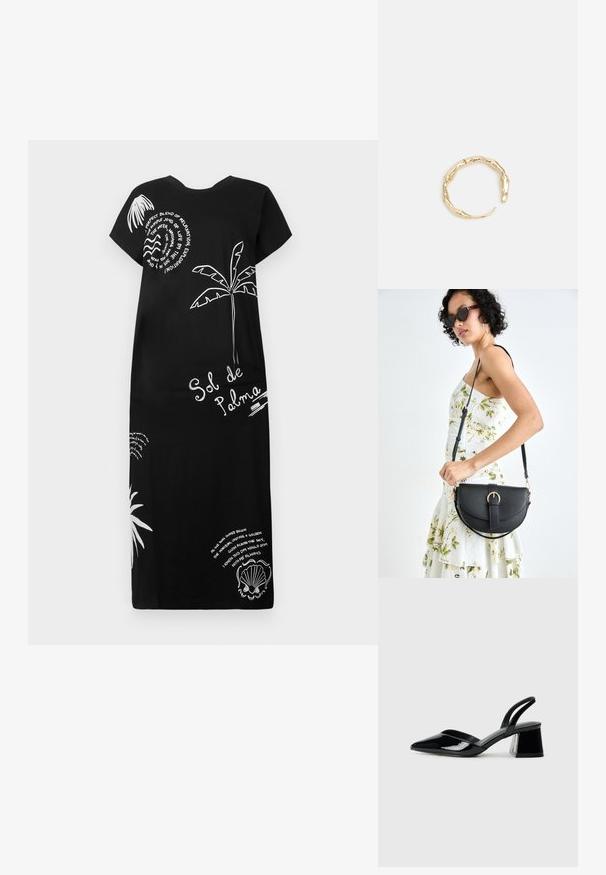 Melnas kokvilnas kleitas ar īsām piedurknēm, kurām ir baltas palmu un gliemežvāku ilustrācijas, kā arī dekoratīvi teksti dažādos fontu stilā.; Melna lakota āda ar atvērto papēdi, ar smailu purngalu un ģeometrisku blokpapēdi. Iezīmējas elegants, minimāls dizains un gluda tekstūra.; Melnas ādas rokassoma ar izliekta formu, noņemamu siksnu un zelta aksesuāriem. Somai ir vāciņš ar sprādzes detaļu.; Zelta toņa gredzens ar organisku, vērptu dizainu, gludu virsmu un sašaurinātiem galiem, radot mūsdienīgu, skulpturālu izskatu.