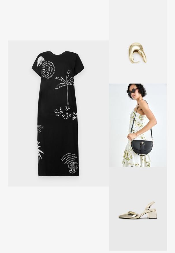 Czarna bawełniana sukienka z krótkimi rękawami, z białymi ilustracjami palm i muszelek oraz dekoracyjnymi tekstami w różnych czcionkach.; Złote, metaliczne szpilki z boku z wydłużonym noskiem i grubym obcasem. Gładka faktura, minimalistyczny design i wąski pasek.; Czarna skórzana torebka o zakrzywionym kształcie, z odpinanym paskiem i złotymi akcentami. Torebka posiada klapę z zapięciem w kształcie klamry.; Złote metalowe kolczyki o eleganckim, zakrzywionym kształcie. Posiadają charakterystyczny szpiczasty kształt, polerowaną powierzchnię oraz zapięcie na zawias.