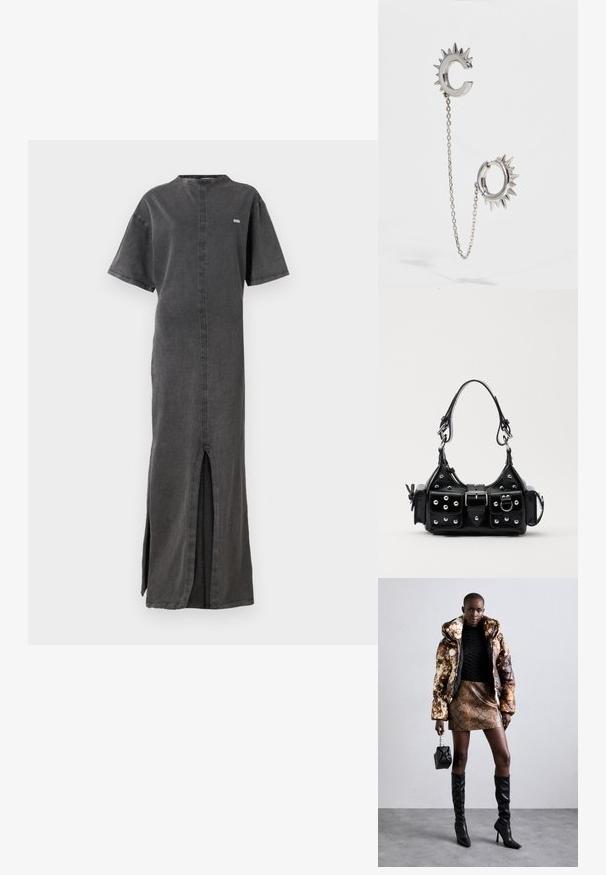 Pelēkā denima maksi kleita ar augstu apkakli, īsām piedurknēm, sānu šķēlumiem un centrālo šuvi, kurai ir neliels logotips uz krūtīm.; Puffa jaka ar brūnu un melnu rakstu, kombinēta ar brūnu čūskas raksta mini svārkiem, melniem līdz ceļgala zābakiem un mazu melnu somiņu.; Melnas ādas rokturmais ar izliekumu, ar sudraba iedurtiem, sprādzi un divām sānu kabatām. Regulējams siksniņas garums dažādām nēsāšanas iespējām.; Sudraba auskari ar ādām līdzīgu dizainu; viens auskaru ir C formas, savienots ar ķēdi ar apaļu gredzenu, uz kura ir ādām.