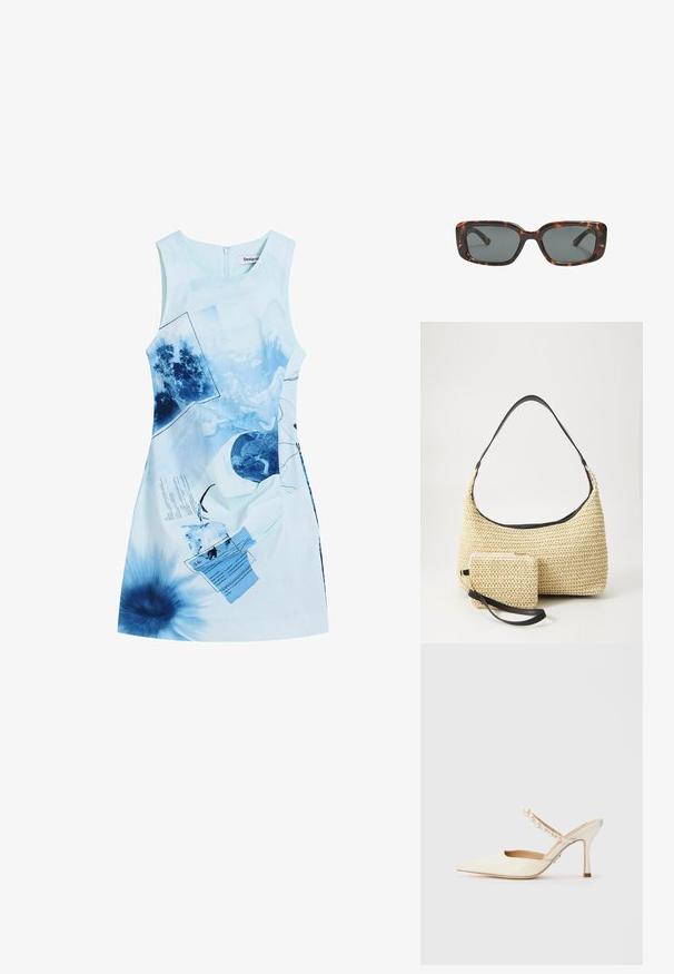 Hihaton mini mekko vaaleansinisestä kankaasta, jossa on graafinen kuvio tummansinisillä yksityiskohdilla, kuvia ja tekstielementtejä. Takana vetoketjukiinnitys.; Steve Madden BRECKI - Korolliset pistokkaat - ivory; Silmälasit pähkinäkuoresta, joissa on suorakulmaiset linssit, paksut kehykset ja tummennetut linssit. Sileä pinta ja minimalistinen muotoilu.; Kudottu olkikassi kaarevalla siluetilla, jossa on sileä musta nahkaremmi ja siihen kiinnitetty yhteensopiva pieni pussukka rannekahvalla.