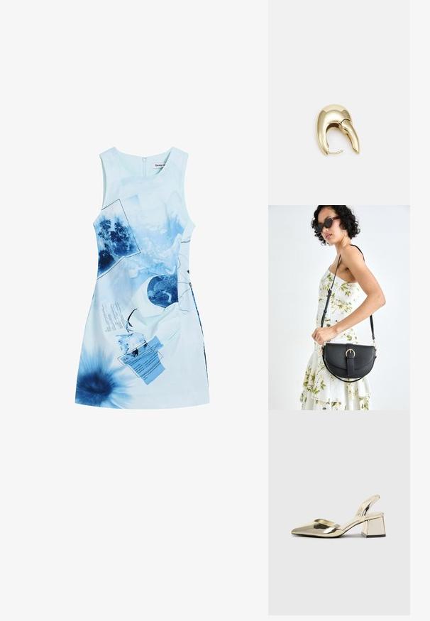 Bezrukávové mini šaty z svetlomodrej látky, s grafickým vzorom a tmavomodrými akcentmi, obrázkami a textovými prvkami. Uzáver na zips na chrbte.; Zlaté kovové lodičky na podpätku so špicatou špičkou a robustným podpätkom. Hladký povrch, minimalistický dizajn a úzka remienok.; Čierna kožená kabelka s zaobleným tvarom, odnímateľným popruhom a zlatými doplnkami. Kabelka má klopu s detailom s prackou.; Náušnice z kovu v zlatej farbe s elegantným, zakriveným dizajnom. Majú charakteristický špicatý tvar, leštený povrch a uzáver na pánt.