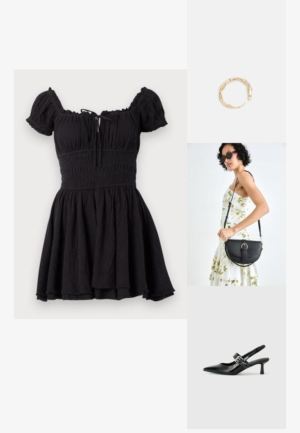 Čierne šaty s krátkym rukávom a smockovanou bodicou, s ležérnym strihom cez ramená, nariasenou sukňou a jemnou textúrou. Obsahuje viazanie na prednej strane.; Čierne patentové kožené sandále na podpätku so špicatou špičkou a malým blokovým podpätkom, s dekoratívnou striebornou sponou na remienku.; Čierna kožená kabelka s zaobleným tvarom, odnímateľným popruhom a zlatými doplnkami. Kabelka má klopu s detailom s prackou.; Prsteň v zlatej farbe s organickým, skrúteným dizajnom, hladkým povrchom a zužujúcimi sa koncami, vytvárajúci moderný, sochársky vzhľad.