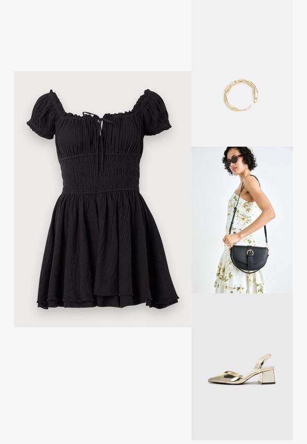 Black short-sleeve dress with a smocked bodice, off-the-shoulder design, gathered skirt, and subtle texture. Features a tie closure at the front.; Gold, metallic slingback heels with a pointed toe and chunky heel. Smooth texture, minimalistic design, and a narrow strap.; Black leather handbag with a curved shape, detachable strap, and gold hardware. The bag features a flap with a buckle detail.; Gold-tone ring featuring an organic, twisted design with smooth texture and tapered ends, creating a modern, sculptural appearance.