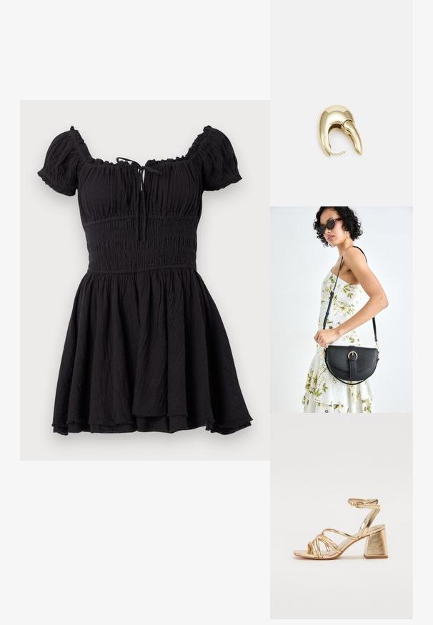 Črna kratkosleeve obleka s smučanim bodicejem, zasnovo brez naramnic, nabranim krilom in subtilno teksturo. Ima zanko na sprednji strani.; Zlate kovinske sandale s peto, ki imajo zapleteno zasnovo, kvadratno blok peto in nastavljiv gležnjski trak z zaponko. Gladka tekstura.; Črna usnjena torbica s ukrivljeno obliko, z odstranljivo naramnico in zlatimi dodatki. Torbica ima pokrov s podrobnostmi v obliki zaponke.; Uhane nakit iz zlatastega tona z gladko, ukrivljeno zasnovo. Ima edinstveno koničasto obliko, polirano površino in zaponko s tečajem.