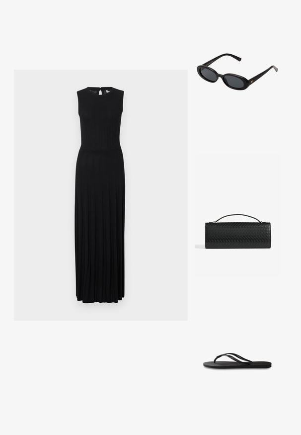 Fekete ujjatlan maxi ruha, testhez simuló felsőrésszel és bővülő, redős szoknyával. Kerek nyakkivágással és hátsó cipzáras záródással rendelkezik.; Fekete papucs texturált gumitalppal, két vékony pánttal és finom, domború logóval a pánton.; Fekete, oversize napszemüveg ovális lencsékkel, sima műanyag kerettel és arany részletekkel a fülpánton. Sötét lencséi védelmet nyújtanak a napfény ellen.; Fekete szőtt bőr Clutch táska, téglalap alakú, vékony kézi fogantyúval és diszkrét arany fém díszítésekkel.