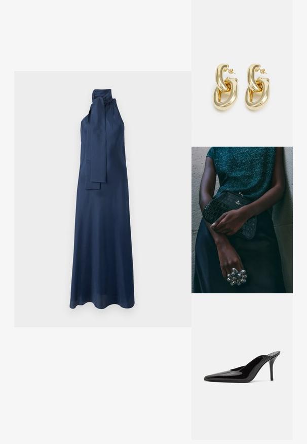 Navy sinisen satiinimekon maksimittainen malli korkealla kauluksella, sivuhelmineulonnalla ja sileällä pinnalla. Ominaisuuksiin kuuluu virtaava siluetti ja hihaton muotoilu.; Mustat patentoidut korkeakorkoiset mulesandaalit, joissa on terävä kärki ja sulavalinjainen siluetti. Kenkäparissa on avonainen takaosa ja hoikka stiletto-korko.; Musta krokotiilihäntäinen penaali, jossa on hopeiset yksityiskohdat, pidetään teksturoitua harmaata taustaa vasten. Pintamateriaali kiiltävä.; Rabanne XL LINK  DOUBLE HOOP EARRINGS - Korvakorut - gold-coloured