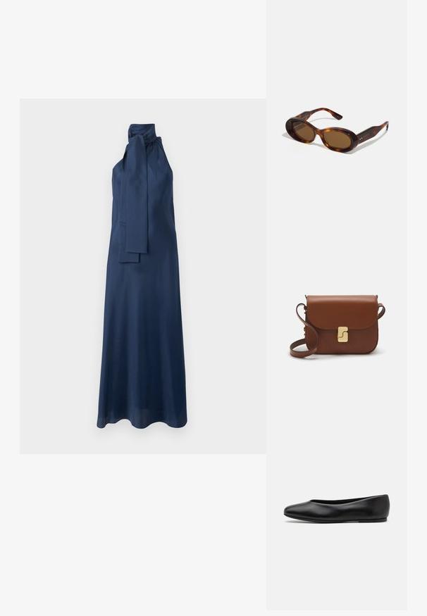 Vestido maxi de satén azul marino con cuello alto, detalle de lazo en el costado y textura suave. Presenta una silueta fluida y diseño sin mangas.; Paul Smith TOPANGA - Bailarinas - black; Gafas de sol carey con lentes ovalados, tono marrón y detalles dorados en las patillas. Montura gruesa con un acabado brillante y textura suave.; Bolso de mano de cuero marrón con cierre de solapa, herrajes en tono dorado, correa para el hombro y una textura suave. Forma rectangular compacta.