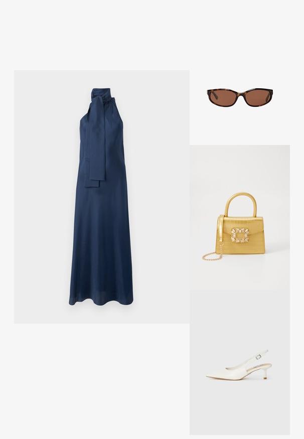 Granatowa satynowa sukienka maxi z wysokim dekoltem, szczegółem w formie wiązania z boku oraz gładką teksturą. Charakteryzuje się zwiewną sylwetką i bezrękawowym fasonem.; Białe sandały na obcasie z odkrytym piętkiem i stożkowym noskiem, wykonane z gładkiej skóry. Posiadają smukły obcas oraz pasek z klamrą dla zapewnienia pewnego dopasowania.; Okulary przeciwsłoneczne w kolorze żółwia z brązowymi soczewkami, o eleganckim owalnym kształcie i połyskującym wykończeniu. Posiadają subtelne srebrne akcenty na oprawkach.; Żółta torebka z faux-krokodylka o wyrafinowanej konstrukcji, z górnym uchwytem, odpinanym łańcuszkiem oraz dekoracyjnym kryształowym zdobieniem na zapięciu.