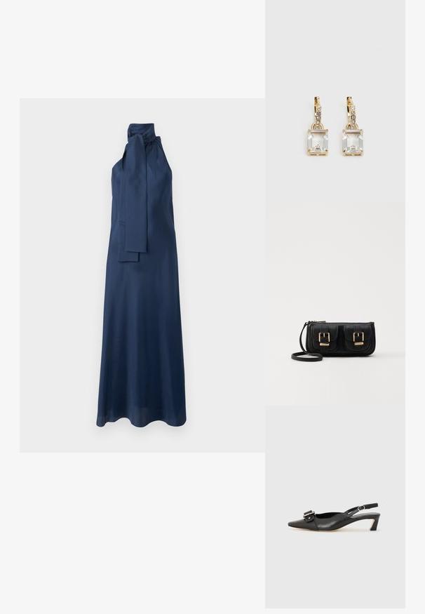 Robe maxi en satin bleu marine avec un col montant, un détail de lien sur le côté et une texture lisse. Présente une silhouette fluide et un design sans manches.; Chaussure slingback en cuir noir avec un bout pointu, un petit talon et un détail de boucle décoratif sur le dessus. Texture lisse, design minimaliste.; Sac en cuir noir porté en travers avec deux poches avant, boucles dorées, fermeture zippée et une sangle fine. Surface texturée et forme rectangulaire compacte.; Boucles d'oreilles en or lumineux avec un cristal rectangulaire transparent pendent sous une rangée de petits accents ronds transparents. Design élégant et moderne.