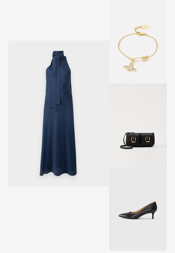 Robe maxi en satin bleu marine avec un col montant, un détail de lien sur le côté et une texture lisse. Présente une silhouette fluide et un design sans manches.; Pompe noire en cuir avec un embout pointu, un petit talon et une texture lisse. Présente une légère ouverture à l'avant et un matériel minimal à l'arrière.; Sac en cuir noir porté en travers avec deux poches avant, boucles dorées, fermeture zippée et une sangle fine. Surface texturée et forme rectangulaire compacte.; Bracelet doré avec un design en chaîne, orné d'un charme en forme de épingle de sûreté et d'un détail en nœud étincelant. Comprend une fermeture à clip et une étiquette logo.