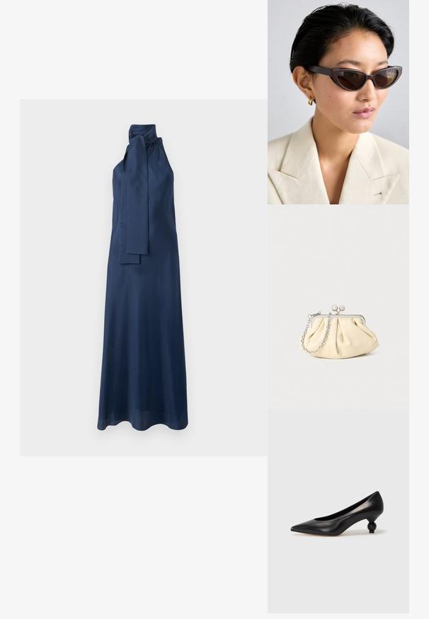 Mörkblå satinmaxiklänning med hög krage, sidbundna detaljer och slät textur. Har en flödande silhuett och är ärmlös.; Svart läderhögklackad sko med spetsig tå och rund, bollformad klack. Slät yta med en elegant, minimalistisk design.; Bruna cat-eye solglasögon med mörka linser, som har tjocka bågar och en slät yta, i kombination med en beige blazerkavaj och guldörhängen.; Plisserad beige läderclutch med en silvermetallram, som har två runda dekorativa lås och en silverkedjestrap.