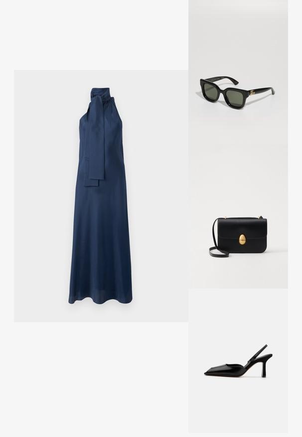 Tumedate sinise satiinist maksikleit kõrge kaelusega, külgotsaga detailiga ja sileda tekstuuriga. Omab voolavat siluetti ja varrukateta disaini.; Must musta slingback-kand käptelastega, terava varvaga, minimalismi disainiga, õhuke pahkluu rihm ja sujuv stiletto-kõrgus. Sile tekstuur.; Mustmust kumeralised prillid tumedate roheliste läätsedega. Omavad läikivat plastikraami ja kuldseid detaile külgedel.; Must kase nahast käekott, millel on struktureeritud ristkülikukujuline kuju. Omab kuldset ovaalset lukku ja õhukest õlavarre rihma. Sile tekstuur.