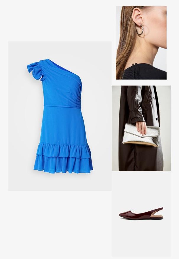 Jednoduché modré šaty na jedno rameno vyrobené z mäkkého materiálu, s volánovým lemom a štruktúrovanými detailmi na korzete.; Burgundské patentové slingback baleríny s špicatou špičkou, transparentným výrezom a plochou čiernou podrážkou. Hladká textúra, minimalistický dizajn.; Strieborná metalická kabelka s uhlovým dizajnom obálky, hladkou textúrou a kontrastnou farbou vnútornku, držená v ruke obutou v čiernom kabáte.; Strieborná kruhová náušnica s lesklým povrchom, obsahujúca malé zlaté akcenty a okrúhly tvar, nosená na lalôčiku ucha.