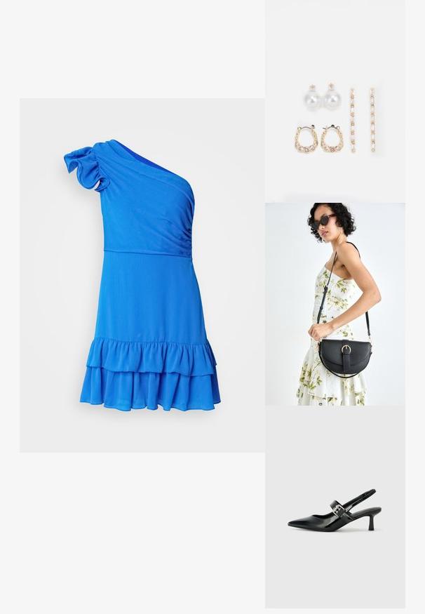 Vienas pleca zils kleitas, izgatavota no mīksta auduma, ar viļņotu apakšmalu un teksturētu apdari uz augšdaļas.; Melnas lakotas ādas sūkņa kurpes ar norādītu purngali un mazu bloku papēdi, ar sudraba sprādzi akcentā uz jostas.; Melnas ādas rokassoma ar izliekta formu, noņemamu siksnu un zelta aksesuāriem. Somai ir vāciņš ar sprādzes detaļu.; Trīs auskariņu pāri: lieli baltie pērļu auskari, zelta riņķi ar caurspīdīgiem dārgakmeņiem un divi garie, taisnie zelta akcentu auskaru pāri ar spīdīgām detaļām.