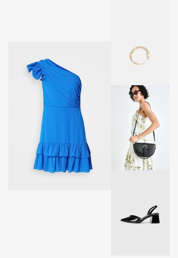 Ühe õla sinine kleit pehmest kangast, millel on volangiga äär ja tekstuurilised detailid rindkereosas.; Mustad musta lakknahk kingad, millel on terav varvas ja geomeetriline plokkkonts. Omab elegantselt minimalistlikku disaini ja sujuvat tekstuuri.; Mustmust mustraha kõverate joontega, eemaldatava rihmaga ja kuldsete detailidega. Kotil on klapp, millel on pandladetail.; Kuldtoonis sõrmus, millel on orgaaniline, keerdunud disain sileda tekstuuri ja kitsenevate otstega, luues kaasaegse skulptuurilise välimuse.