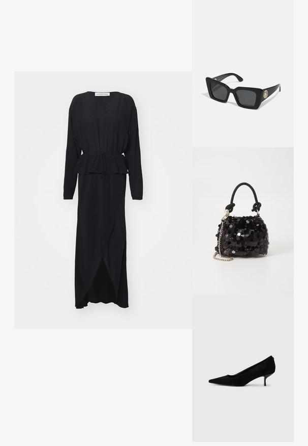Črna obleka z dolgimi rokavi, V-izrezom, zgrabljenim pasom, detaljem pepluma in asimetrično obrobo, izdelana iz gladkega, tekočega materiala.; Črne semiš visoke pete z običajem in tankim, nizkim petom. Gladka tekstura s elegantnim dizajnom, brez vidnih kovinskih delov.; Črne kvadratne sončne očala z temnimi lečami in sijočimi črnimi okvirji. Imajo zlat kroglični okras na strani. Splošna tekstura je gladka.; Črna mini torbica s palčkami iz bleščic, z vozlanim teksturiranim trakom in srebrnima verigama. Okrogla oblika z nabranim vrhom in odsevnimi detajli.