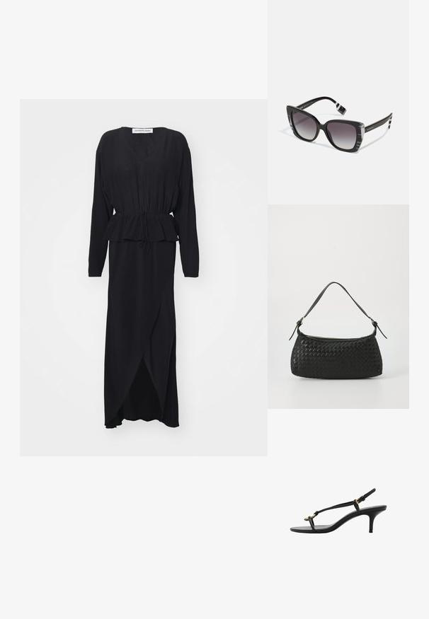Svart långärmad klänning med V-hals, samlad midja, peplumdetalj och asymmetrisk fåll, tillverkad av ett mjukt och flödande tyg.; Svart lädersandal med kitten heel, tunna remmar, guldspänne och minimalistisk tåloop på en vit bakgrund.; Kattögon-solglasögon med svart ram, gradient grå linser och ett randigt mönster på skalmarna. Texturerade detaljer ger mer karaktär.; Svart vävd axelväska med ett slätt läderhandtag och dragkedjestängning. Har en strukturerad yta och en böjd form.
