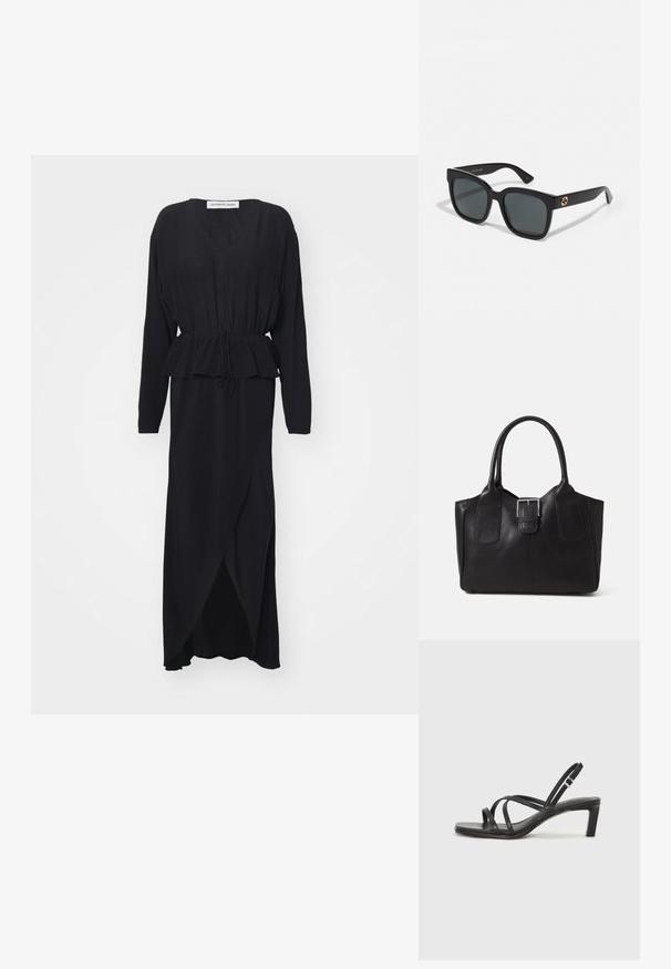 Vestito lungo nero con maniche lunghe, scollatura a V, vita arricciata, dettaglio peplum e orlo asimmetrico, realizzato in un tessuto fluido e morbido.; Sandalo nero con cinturini, dalla punta squadrata e tacco basso a blocco. Presenta diversi cinturini sottili e una cinturini regolabile alla caviglia. Realizzato in pelle liscia.; Occhiali da sole neri con lenti rettangolari, caratterizzati da una finitura lucida e dettagli in oro sulle aste. Lenti grigie scure offrono protezione UV.; Borsa tote in pelle nera con texture liscia, forma strutturata, due manici e un evidente dettaglio in fibbia argentata sul davanti.