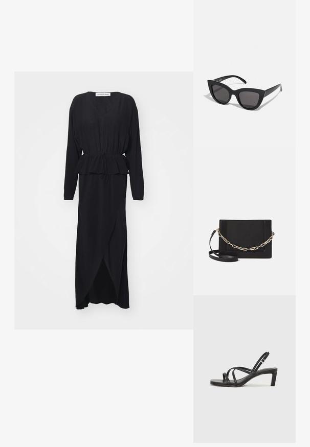 Musta pitkähihaisen mekko V-pääkappaleella, kerätty vyötärö, peplum-yksityiskohta ja epäsymmetrinen helma, valmistettu sileästä valuviasta kankaasta.; Mustat hihnalligat, joissa on neliön muotoinen kärki ja matala lohkokorko. Ominaisuuksiin kuuluu useita ohuita hihnoja ja säädettävä nilkkahihna. Valmistettu sileästä nahasta.; Mustat kissansilmäaurinkolasit, joissa on matta pinta, harmaansiniset linssit, terävät kulmat ja tyylikkäät sivuvarret. Brändin nimi näkyy sisävarsissa.; Musta nahkainen olkalaukku, jossa on sileä pinta, suorakulmainen muoto ja metalliketju yksityiskohtana edessä. Mukana säädettävä hihna.