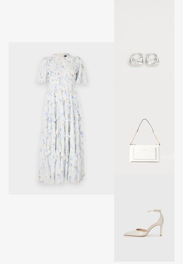Robe maxi en tissu bleu clair avec des motifs floraux, présentant des volants, des manches courtes et un col rond.; Chaussure à talon haut en cuir blanc avec un bout pointu, une bride de cheville et un talon aiguille fin. Texture lisse avec une finition légèrement brillante.; Sac à main en cuir blanc avec un fini texturé, doté d'une bandoulière en chaîne dorée et d'accents noirs. Comprend une poche avant et une fermeture éclair.; Boucles d'oreilles en argent en forme de créoles lisses et arrondies, avec un accent ondulé et de petits strass transparents le long d'un bord.