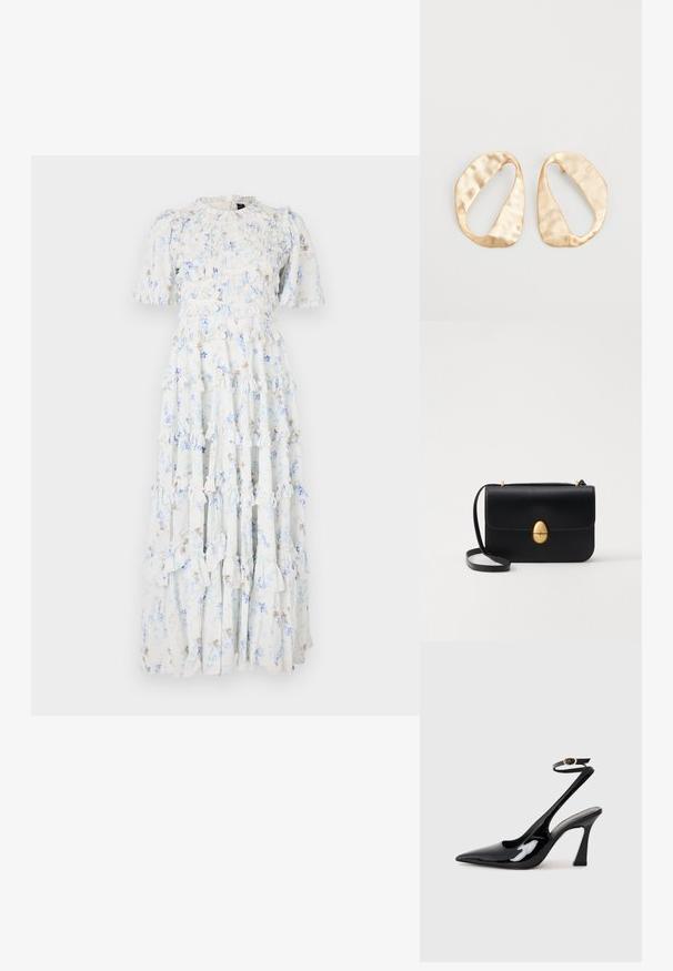 Maxi dress in light blue fabric with floral patterns, featuring ruffled tiers and short sleeves, and a round neckline.; Black patent leather slingback high heels with a pointed toe, adjustable ankle strap, and a moderate block heel. Smooth texture with glossy finish.; Black leather handbag with a structured rectangular shape. Features a golden oval clasp and a thin shoulder strap. Smooth texture.; Pair of irregular oval-shaped gold-toned metal earrings with a textured, slightly hammered surface on a white background.