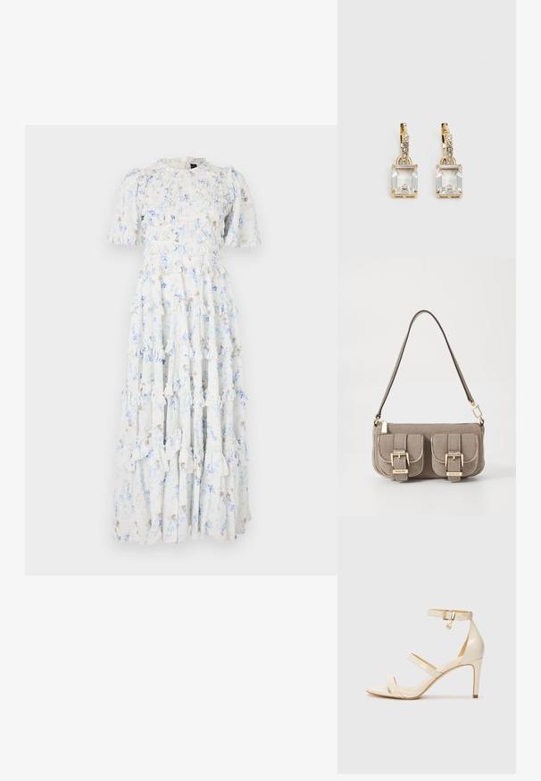 Maksidolg obleka iz svetloblue tkanine z cvetličnimi vzorci, ki ima nabrane plastnice in kratke rokave ter okroglo izrez.; Bež čevlji na visoki peti s tankim trakcem okrog gležnja in dvema zgornjima trakoma. Sijajna lakirana površina in zlat detajl na trakcu okrog gležnja.; Bežna teksturirana torba z nastavljivim trakom, z dvema sprednjima žepoma, zaklenjenima s sponkami, ter z zlatimi kovinskimi dodatki. Zadrga na vrhu.; Zlato obarvani uhani, ki vsebujejo pravokoten, prozoren kristal, obešen pod vrsto majhnih, okroglih prozornih dodatkov. Elegantna, moderna zasnova.