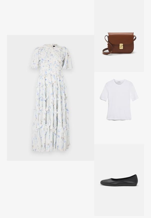 Šviesiai mėlynas maxi suknelė su gėlių raštais, turinti raukšlėtus sluoksnius, trumpas rankoves ir apvalią iškirptę.; Balta trumpa rankovėmis marškinėliai, pagaminti iš pasiruošusio audinio. Apvali iškirptė, reguliari tinkamumas ir subtilūs siuvimo detalės. Be raštų ar grafikos.; Juodai odiniai baletai su apvaliu pirštu, lygi texture, minimalus siuvimo detales ir lanksčiu padų dizainu.; Ruda odinė rankinė su uždaromu dangteliu, aukso spalvos detalėmis, petneša ir lygiu paviršiumi. Kompaktiška stačiakampio formos.