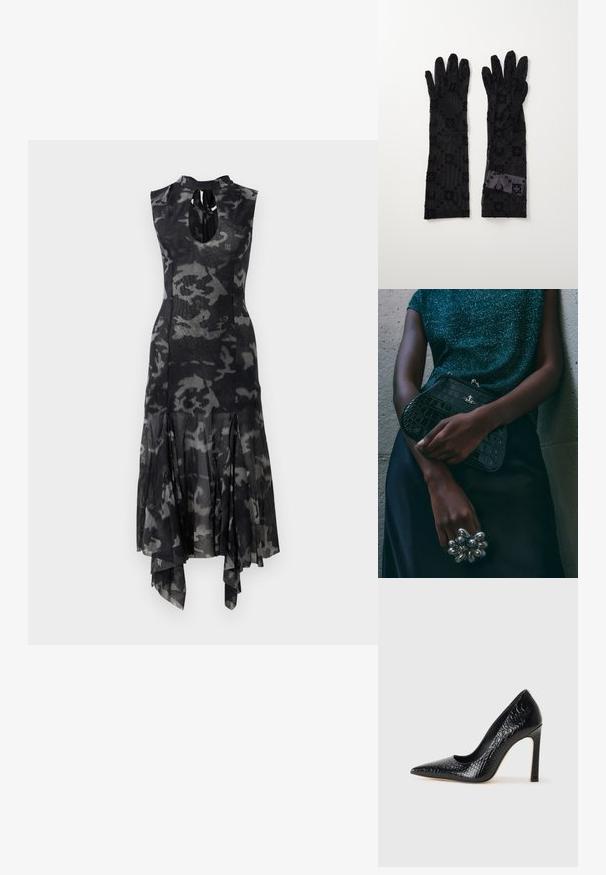 Ujjatlan fekete és szürke kamuflázs midi ruha magas nyakkivágással, kulcslyuk elülső résszel, testhez simuló derékkal és aszimmetrikus fodros szegéllyel.; Fekete hegyes orrú magassarkú cipő krokodilbőr textúrával, letisztult dizájnnal, magas tűsarkú és sima fekete belső résszel.; Fekete krokodilbőr mintázatú válltáska ezüst hardware-rel, egy texturált szürke háttér előtt tartva. Fényes felülettel rendelkezik.; Fekete kesztyűk áttetsző szövetből, textúrált virág- és körmintákkal. Hosszú kivitel sima felülettel, az egyik kesztyűn címke részlettel.