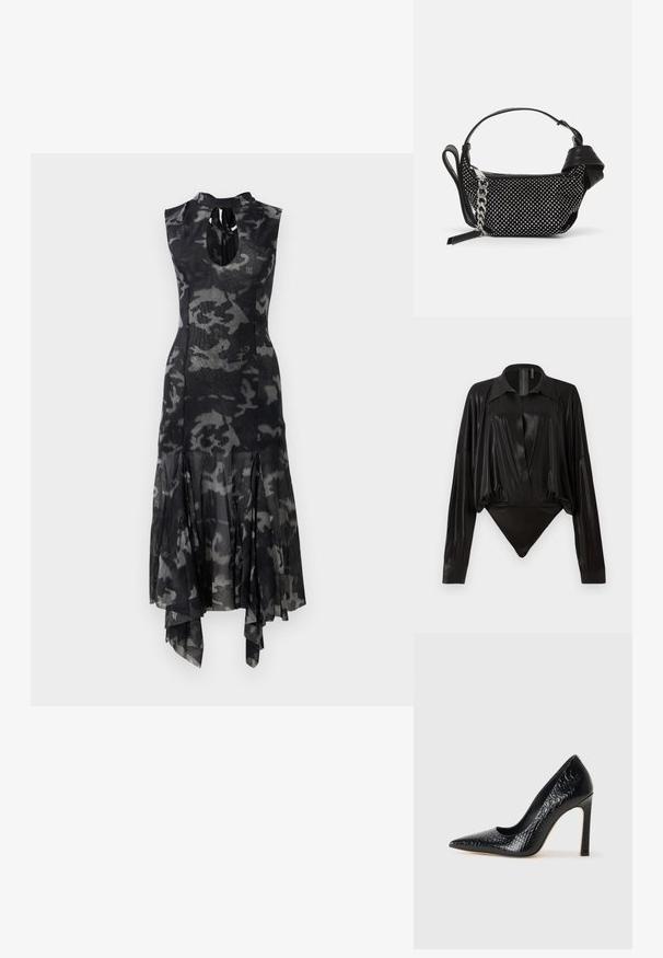 Vestido midi sem mangas em camuflagem preto e cinza, com decote alto, frente em forma de olho-chave, cintura ajustada e bainha assimétrica e fluída.; Bodysuit preto com mangas longas, decote em V e silhueta ajustada. Feito de um tecido brilhante e suave, com colarinho e punhos estruturados.; Sapato de salto alto de bico fino preto com textura de pele de crocodilo, apresentando um design elegante, salto agulha alto e interior preto suave.; Pasta preta com um design texturizado, adornada com tachas prateadas e uma alça em corrente prateada robusta. Apresenta uma forma minimalista e elegante.