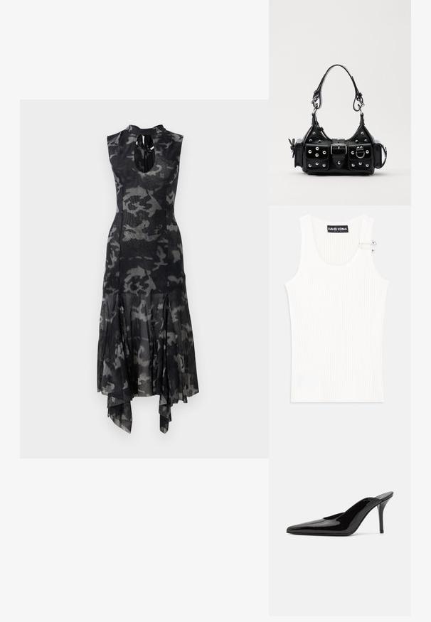 Must nadusmust ja hall kamuflaaž midi kleit kõrge kaelusega, võtmega esiosas, kitsas vöökoht ja asümmeetriline laienev hem.; Valge ribaga tank top ümmarguse kaelusega ja metallist aksessuaari detailiga õlal. Pehme tekstuur, istuv disain ja ilma varrukateta stiil.; Must musta nahkkängad terava ninaga ja sujuva siluetiga, avatud tagusega ja peene stiletto kontsaga.; Must värvi nahast käekott, millel on kaarjas disain, hõbedased nupukesed, kinnitusahe ja kaks külgtaskut. Reguleeritav rihm erinevate kandmisvõimaluste jaoks.