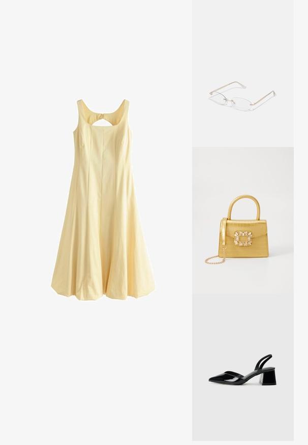 Geel mouwloos jurkje met een ronde halslijn, uitlopende A-lijn vorm, geplooid ontwerp en een uitsnede aan de achterkant, gemaakt van geweven stof.; Zwarte gepatineerde leren slingback hakken met een spitse neus en een geometrische blokhak. Kenmerkt zich door een slank, minimalistisch ontwerp en een gladde textuur.; Gouden metalen bril met ovale lenzen, slanke armen en transparante neus pads. Heeft subtiele scharnieraccenten en transparante lenzen.; Geel faux-krokodillenhandtas met een gestructureerd ontwerp, bovenhandvat, afneembare kettingriem en decoratieve kristallen versiering op de sluiting.
