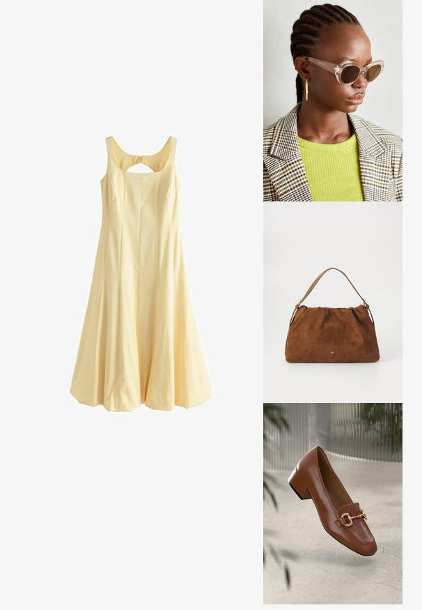 Geltona be rankovių suknelė su apvaliu iškirpimu, plačią A linijos formą, klostuotais dizaino elementais ir išpjova nugaroje, pagaminta iš audinių.; Rudi lakinės odos loafer'iai su kvadrato formos nosimi, metalinėmis grandinėlių detalėmis ir žemu blokiniu kulnu; sklandus tekstūra, minimalistinis dizainas.; Skaidrios katės akių saulės akiniai su ruda objektyvo spalva ir skaidriais rėmeliais. Modelis vilki žalią raštuotą viršutinę dalį ir languotą švarką. Auksinės apskritos auskarai.; Ruda zomšos rankinė su susiraukšlėjimu, turinti vieną šviesiai rudos odos rankeną ir subtilų auksinį logotipo detalę priekyje.