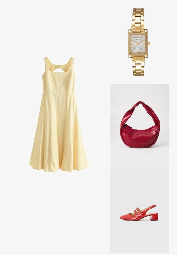Abito giallo senza maniche con scollatura rotonda, forma a campana A-line, design plissettato e un'apertura sul retro, realizzato in tessuto intrecciato.; Scarpa slingback in pelle rossa lucida con punta affusolata, design a due cinturini con accenti circolari e tacco basso a blocco.; Borsa a tracolla in pelle intrecciata rossa con manico curvo e imbottito, chiusura a zip e finitura testurizzata, con una lucentezza brillante.; Orologio da polso rettangolare dorato con quadrante bianco, indicatori delle ore in tono argento e un robusto bracciale in metallo. Include la funzione di resistenza all'acqua.