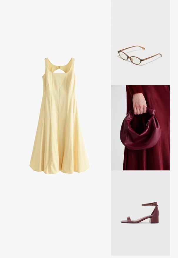 Rumena brezrokavna obleka z okroglim izrezom, razširjenim A-linijskim krojem, nabranim dizajnom in izrezom na hrbtu, izdelana iz tkanine iz prepletenih vlaken.; Burgundska usnjena sandaala s kvadratnim nosom, tankim gležnjenjskim pasom, zlatnimi dodatki in masivnim blokastim petam. Gladka tekstura in minimalističen dizajn.; Rjavo želvovina očala z ovalnimi lečami, tankimi ročaji in prosojnimi detajli. Imajo subtilen logo na templetu. Eleganten, lahek dizajn.; Bordo usnjeni ročni torbici s mehak, nabrana zasnova in okrogla oblika. Ročaj je varen in prikazuje gladko teksturo.