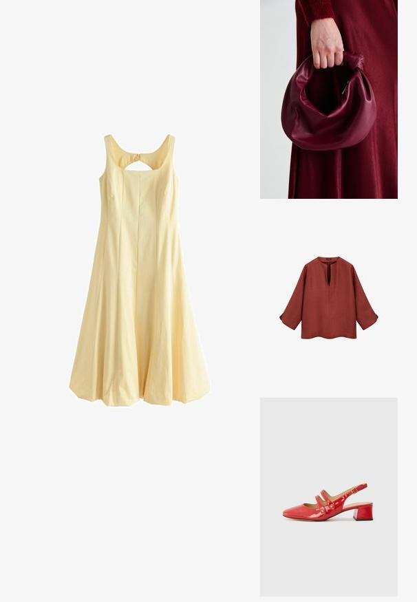 Gelbes ärmelloses Kleid mit rundem Ausschnitt, ausgestellter A-Linie, plissiertem Design und Ausschnitt am Rücken, aus gewebtem Stoff.; Leinenbluse in rostfarben mit V-Ausschnitt, dreiviertel Ärmeln und abgerundetem Saum. Hat eine lockere Passform und dezente Knopfakzente an den Manschetten.; Rote Lackleder Slingback-Schuhe mit spitz zulaufender Zehe, zwei Riemen-Design mit runden Akzenten und einem niedrigen Blockabsatz.; Burgunderleder-Handtasche mit einem weichen, gerafften Design und einer gerundeten Form. Der Griff ist gesichert und zeigt eine glatte Textur.