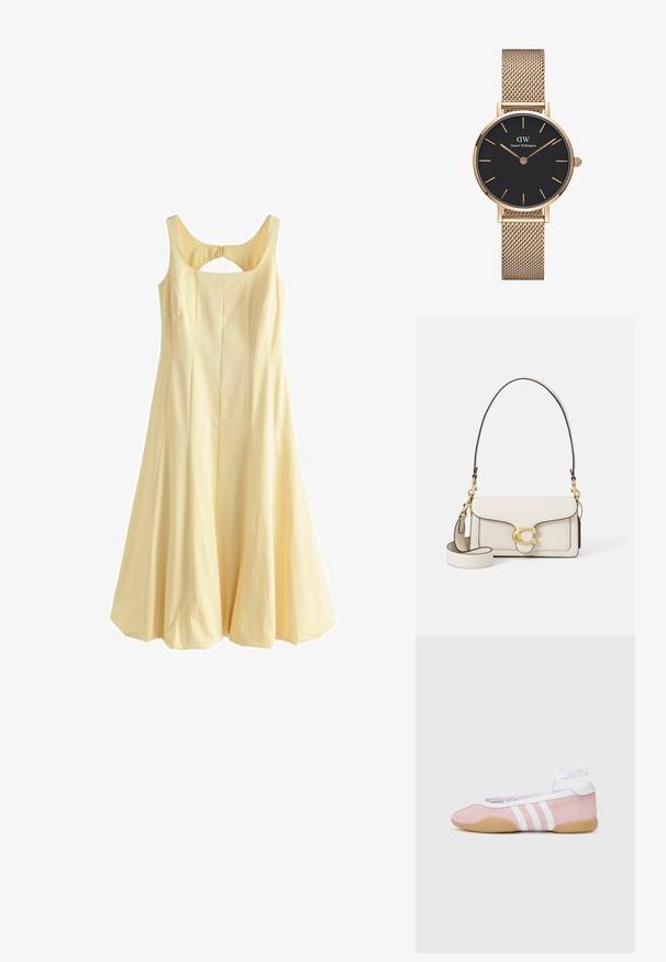 Kollane ilma varrukat kleit, ümmargune kaelus, laienev A-lõige, volangiline disain ja seljaosal lõige, valmistatud kudumiskangast.; adidas Originals TAEKWONDO MEI BALLET - Tossud - clear pink/ftwr white/gum; Kreem värvi nahk kõige tugevama disainiga käsitasku, kontrastsete mustade ääride, kuldsete metallist detailide ja eemaldatava rihmaga, millel on allkirja logo.; Daniel Wellingtoni kuldne võrgust käekell, millel on ümmargune must kellaplaat, kuldsed tunnimärgid ja logo kell 12. Lihtne, elegantne disain.