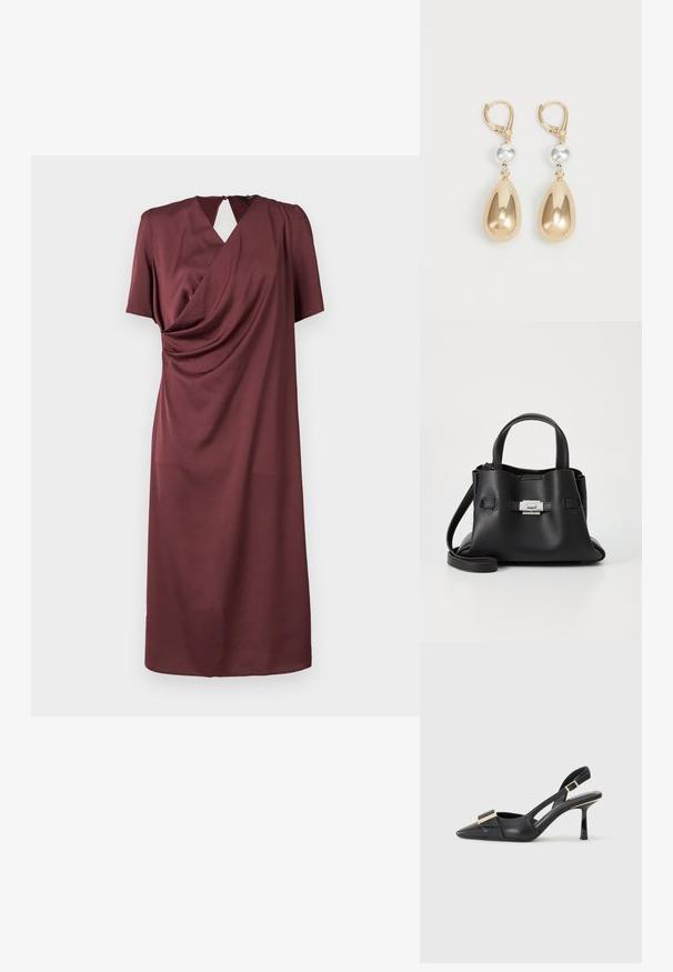 Sima anyagból készült mályva színű ruha rövid ujjakkal, redőzött dizájnnal, V-alakú nyakkivágással és egy kis kulcslyuk záródással a háton.; Fekete bőr slingback cipő hegyes orral, karcsú sarkal és aranyszínű kiegészítővel a lábfej résznél. Simább szerkezet és letisztult dizájn.; Fekete bőr kézitáska struktúrált felülettel, két felső fogantyúval, levehető vállpánttal és ezüst színű csattal.; Aranyszínű lógós fülbevalók csepp alakban, fényes fémtömörítéssel és ezüstszínű gyöngy díszítéssel.