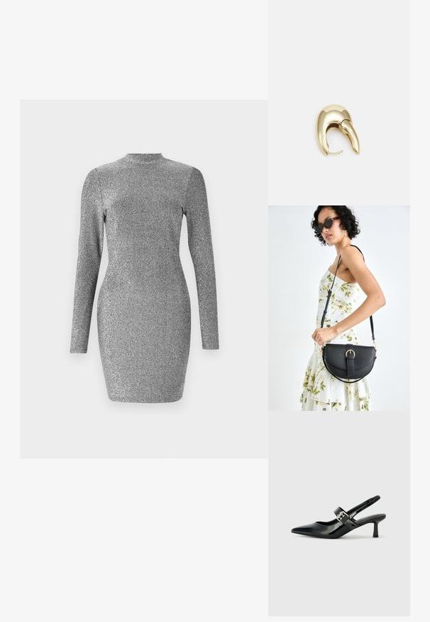 Srebrna obleka s bleščicami z dolgimi rokavi, visokim ovratnikom in oprijetim dizajnom. Gladka tekstura in sijoč zaključek. Brez vzorčev ali okraskov.; Črne patent usnjene slingback pete s koničastim nosom in majhnim blok peto, ki vključujejo srebrno zaponko na traku.; Črna usnjena torbica s ukrivljeno obliko, z odstranljivo naramnico in zlatimi dodatki. Torbica ima pokrov s podrobnostmi v obliki zaponke.; Uhane nakit iz zlatastega tona z gladko, ukrivljeno zasnovo. Ima edinstveno koničasto obliko, polirano površino in zaponko s tečajem.