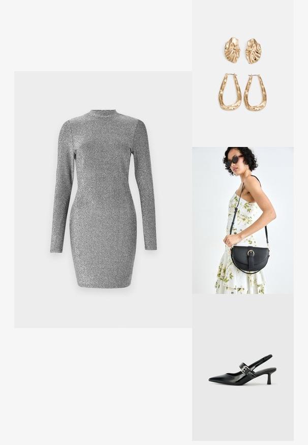 Robe pailletée argentée avec des manches longues, un col haut et une coupe ajustée. Texture lisse et finition brillante. Pas de motif ni d'embellissements.; Escarpins slingback en cuir verni noir avec un bout pointu et un petit talon bloc, mettant en avant un accent en boucle argentée sur la sangle.; Sac à main en cuir noir avec une forme courbée, bandoulière amovible et des accessoires en or. Le sac est doté d'un rabat avec un détail de boucle.; Boucles d'oreilles dorées présentant des formes texturées et ondulées. Comprend des clips sculpturaux et un design de créoles ouvertes avec une finition martelée.