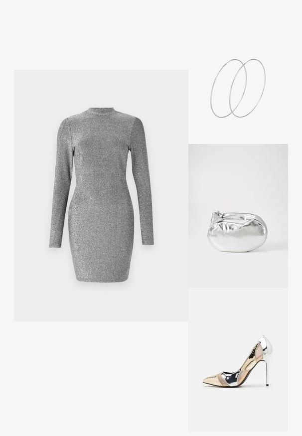 Sidabrinė blizgi suknelė su ilgomis rankovėmis, aukštu kaklu ir prigludusia forma. Lygi tekstūra ir blizgus paviršius. Be raštų ar dekoracijų.; Aštrus pirštas aukštakulnis batelis su sidabro, aukso ir nuogų spalvų deriniu. Blizgus paviršius su išpjovos dizainu, su stiletto kulnu.; Sidabrinė metalinė maišelio forma su švelnia, apvalia forma ir mazgu užveriamu viršumi. Pagaminta iš lygios dirbtinės odos medžiagos.; Sidabrinės pusmėnulio auskarai minimalistiniu dizainu. Apskritimo forma, lygus paviršius ir plonas profilis. Lengvi su poliruotu apdailu.