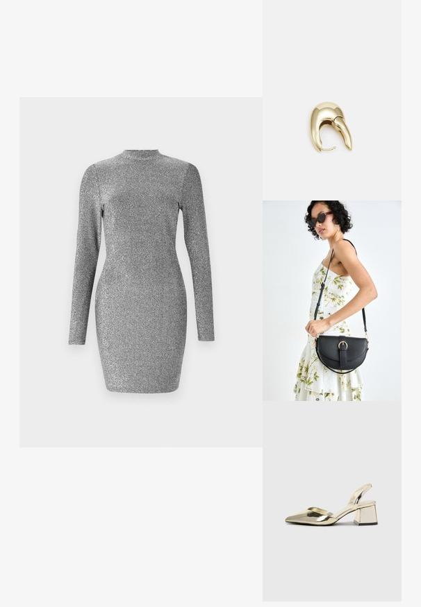 Srebrna haljina s glitterom, dugih rukava, visokog ovratnika i pripijenog dizajna. Glatka tekstura i sjajan finiš. Bez uzorka ili ukrasa.; Zlatni metalik slingback sandali s šiljatim vrhom i debelim potpeticama. Glatka tekstura, minimalistički dizajn i uski remen.; Crna kožna torba s lukovitim oblikom, odvojivim remenom i zlatnim detaljima. Torba ima preklop s kopčom.; Zlatne metalne naušnice s elegantnim, zakrivljenim dizajnom. Imaju karakterističan šiljast oblik, poliranu površinu i zatvaranje na šarku.
