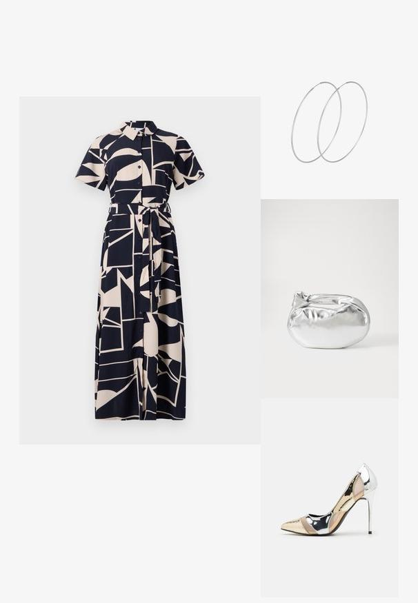 Mėlynos ir kremų spalvų marškiniai suknelė su abstrakčiu geometriniu raštu, trumpomis rankovėmis, diržu liemenyje ir visiškai ilga dizainu.; Aštrus pirštas aukštakulnis batelis su sidabro, aukso ir nuogų spalvų deriniu. Blizgus paviršius su išpjovos dizainu, su stiletto kulnu.; Sidabrinė metalinė maišelio forma su švelnia, apvalia forma ir mazgu užveriamu viršumi. Pagaminta iš lygios dirbtinės odos medžiagos.; Sidabrinės pusmėnulio auskarai minimalistiniu dizainu. Apskritimo forma, lygus paviršius ir plonas profilis. Lengvi su poliruotu apdailu.