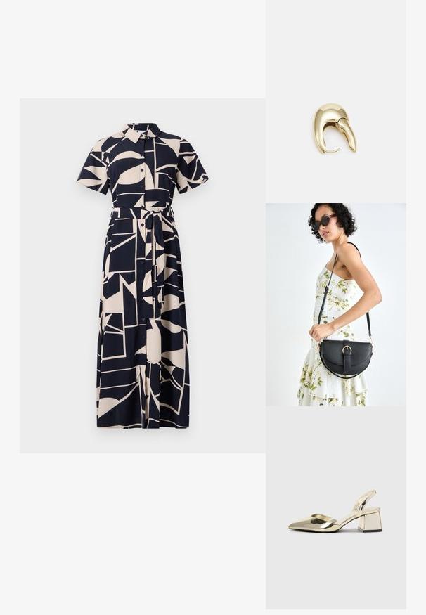Sötétkék és krémszínű gombos ing ruha absztrakt geometrikus mintával, rövid ujjakkal, övvel kiemelt derékrésszel és teljes hosszúságú kialakítással.; Arany, fémből készült slingback sarkú cipők hegyes orral és vastag sarokkal. Simaság, minimalista design és keskeny pánt jellemzi.; Fekete bőrtáska ívelt formával, levehető pánttal és arany színű fémrészekkel. A táskán egy csattal díszített fedél található.; Aranyszínű fém fülbevaló, elegáns, ívelt formával. Különleges hegyes alak, fényes felszín és zsanéros záródás jellemzi.