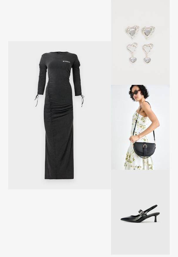Hosszú, fekete, testhez simuló ruha, oldalsó redőzéssel és ujjal, húzózsinórral a csuklóknál, valamint egy kis fehér "MISBHV" logóval a mellkason.; Fekete lakkbőr slingback sarkú cipők hegyes orral és kis blokk talppal, ezüst csat díszítéssel a pánton.; Fekete bőrtáska ívelt formával, levehető pánttal és arany színű fémrészekkel. A táskán egy csattal díszített fedél található.; Ez az ezüst szív alakú fülbevaló sima, átlátszó kövekkel rendelkezik, texturált kerettel. A készlet stud és csepp stílust is tartalmaz.