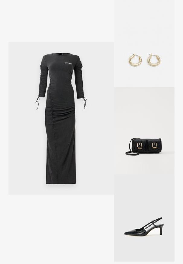 Lang svart tettsittende kjole med rynkede sider og ermer, snorbinding ved håndleddene, og en liten hvit "MISBHV" logo på øvre bryst.; Sorte patent slingback hæl med spids tå, featuring tekstureret slangeskind, justerbar rem og en kort, tekstureret blokhæl.; Svart skinn crossbody veske med to frontlommer, gyldne spenner, glidelåslukking og en slank stropp. Teksturert overflate og kompakt rektangulær form.; Lauren Ralph Lauren BASIC SMALL HOOP - Øredobber - gold-coloured