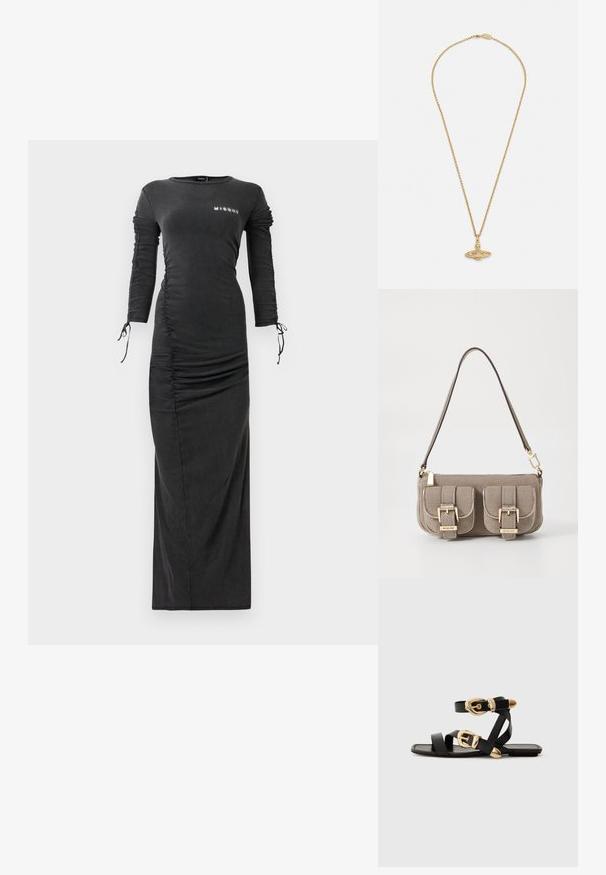 Pikend must sobiv kleit volditud külgede ja varrukatega, tõmblukuga kätel, ning väike valge "MISBHV" logo ülemisel rinnal.; Mustad nahast sandaalid kuldsete pandlitega, millel on mitmed rihmad ja lame talladisain avatud varba jaoks.; Beez tekstuuriga käekott reguleeritava rihmaga, kahe esikoti ja lukuga, mis on kindlustatud pandlatega, ning kuldsete detailidega. Ülemine luku sulgemine.; Kuldne kaelakee, millel on peen kett ja kaunis ripats, millel on keeruline detaljitus ja tekstuurne pind, esitades ainulaadset disaini.