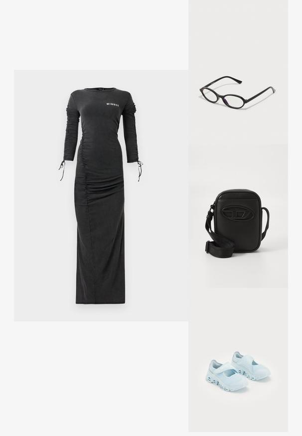 Garšs melns pieguļošs kleita ar ripotām malām un piedurknēm, ar auklām pie plaukstām un mazu baltu "MISBHV" logotipu augšējā krūtī.; Gaišzili sporta apavi ar sieta audumu, izteikti izgriezumi zolē un Velcro siksna virsū, lai nodrošinātu drošu piestiprināšanu.; Melna ovāla ietvara briļļu saulesbrilles ar caurspīdīgām purpura akcentiem uz lēcām. Ietvariem ir matēta apdare un plānas, taisnas kājas.; Maza taisnstūra melna crossbody soma ar regulējamu auduma siksnu un reljefu ovālu logo uz priekšējā paneļa.