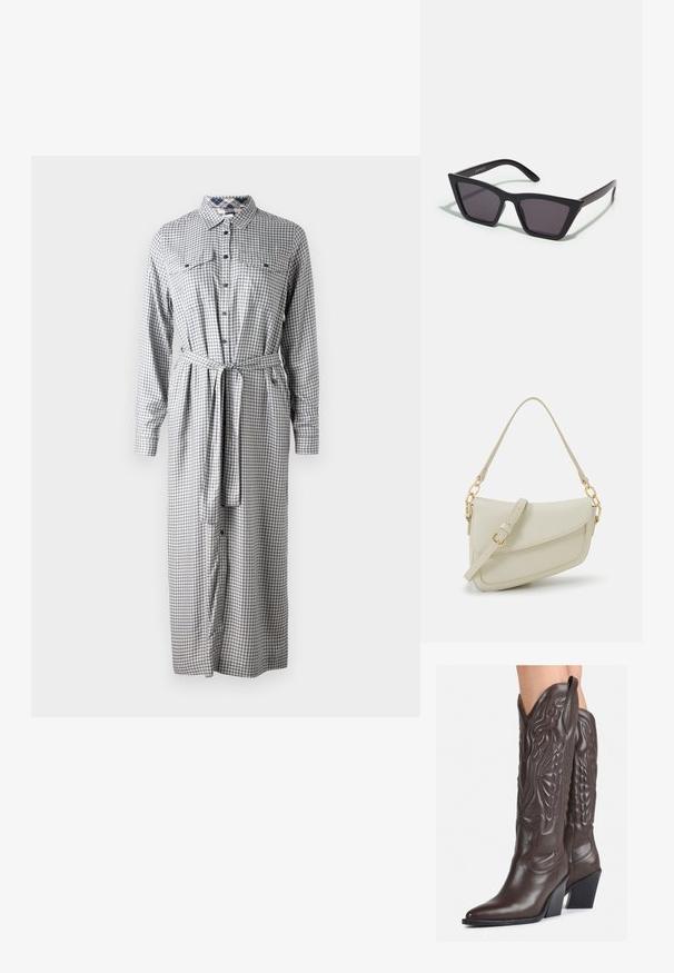 Ilga, mygtukais suknelė, pagaminta iš mėlynų ir baltų langelių audinio, su ilgomis rankovėmis, dirželiu liemeniui ir dviem krūtinės kišenėmis.; Rudos odinės kaubojaus batai su smailiu priekiu ir blokuotu kulnu, pasižymintys detaliu siuvinėjimu ir iškiliais akcentais ant ašies.; Juodos, kampuotos saulės akinios su pilkais stiklais; pagaminti iš plastiko, su storomis šakėmis, turinčiomis lygų paviršių ir be matomų detalių.; Mažas kreminis rankinukas su tekstūruotu paviršiumi, ilga reguliuojama juostele, grandinėle ir užsegimu su atvartu. Aukso detalės.